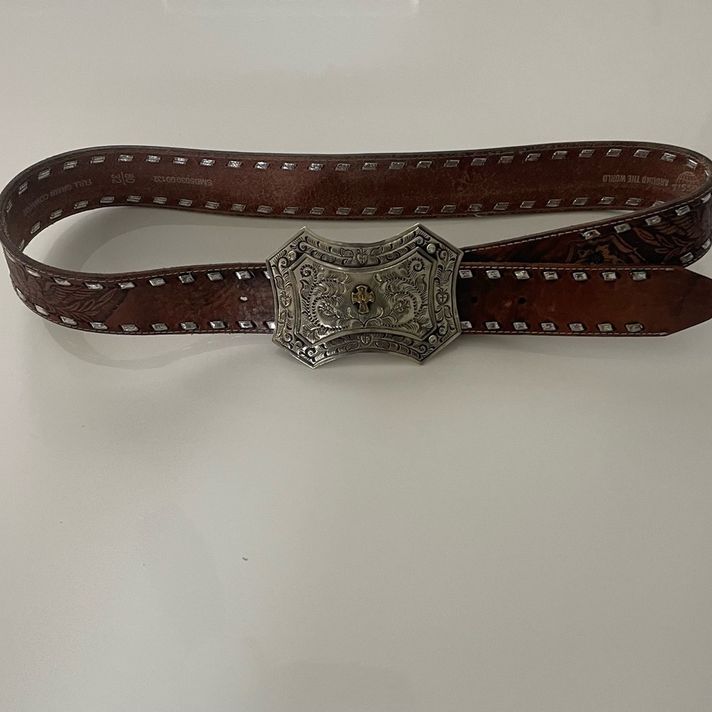 Fossil Embossed Brown Belt with Ornate Silver Buckle